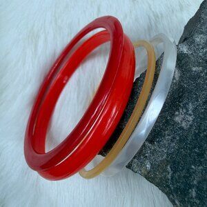 Set of Four Vintage Plastic Lucite Bangle Bracelets Red, Yellow & White